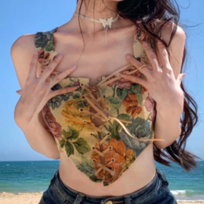 Tie Up Floral Print Corset Top - Verostyle