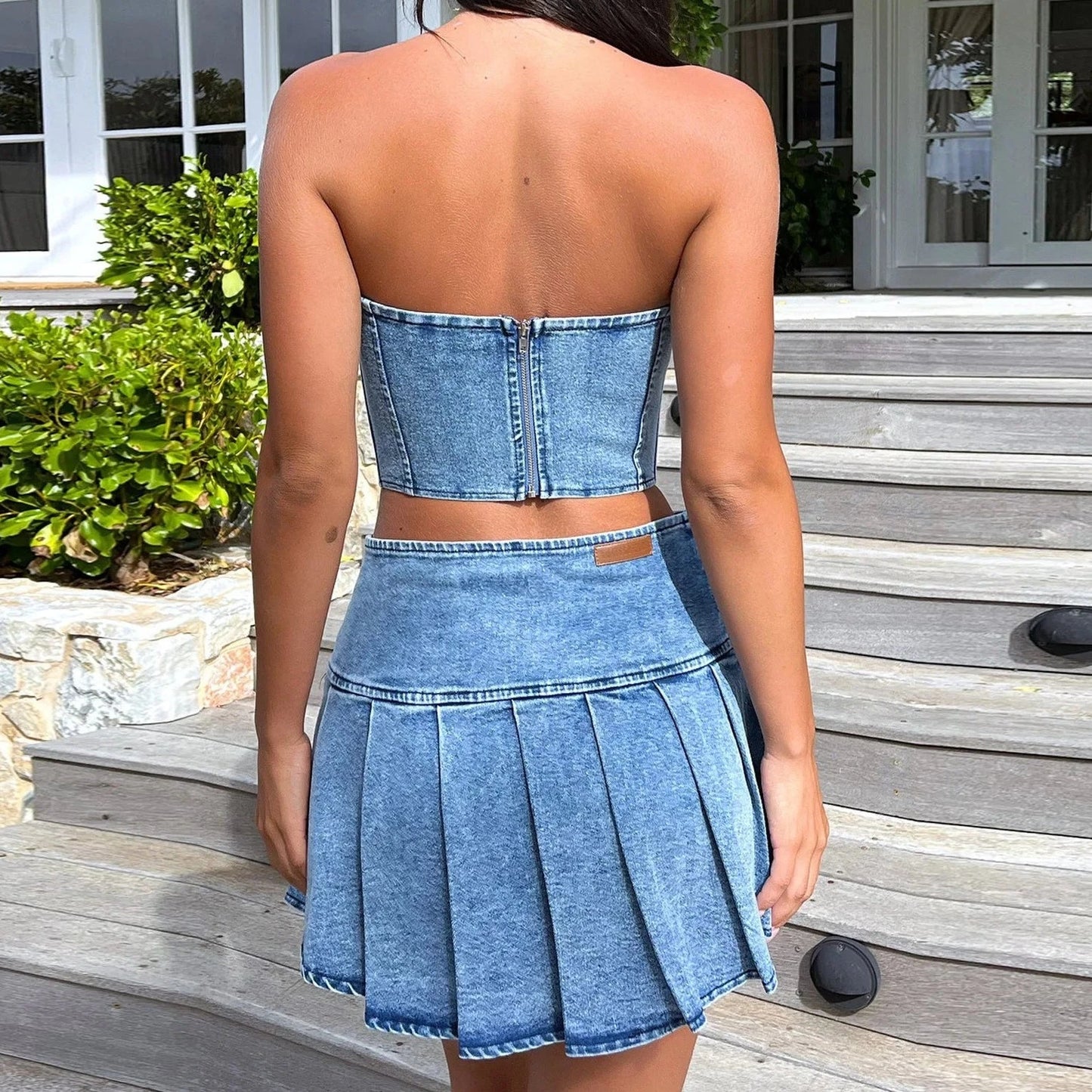 Denim Tube Corset Top And Mini Skirt - Verostyle