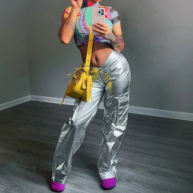 Metallic Loose PU Leather Pants - Verostyle