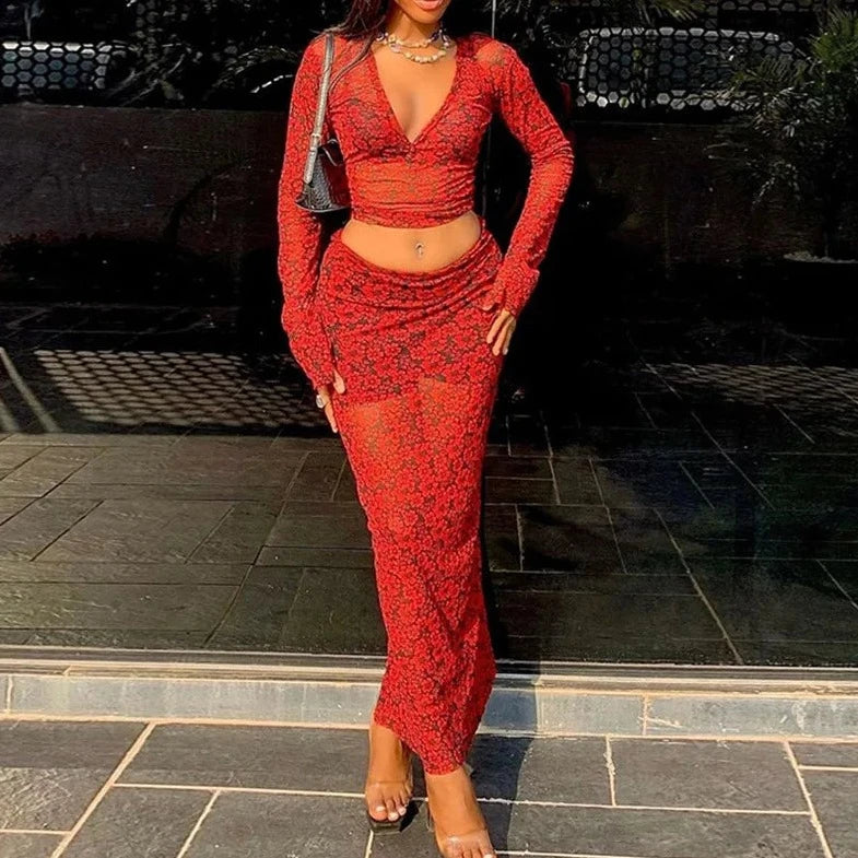 Long Sleeve Crop Top And Long Skirt - Verostyle