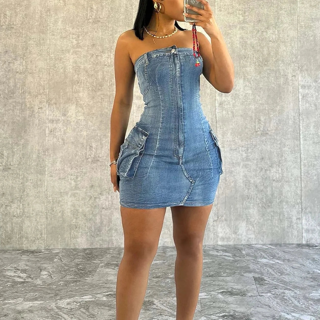 Tube Side Pocket Denim Mini Dress - Verostyle
