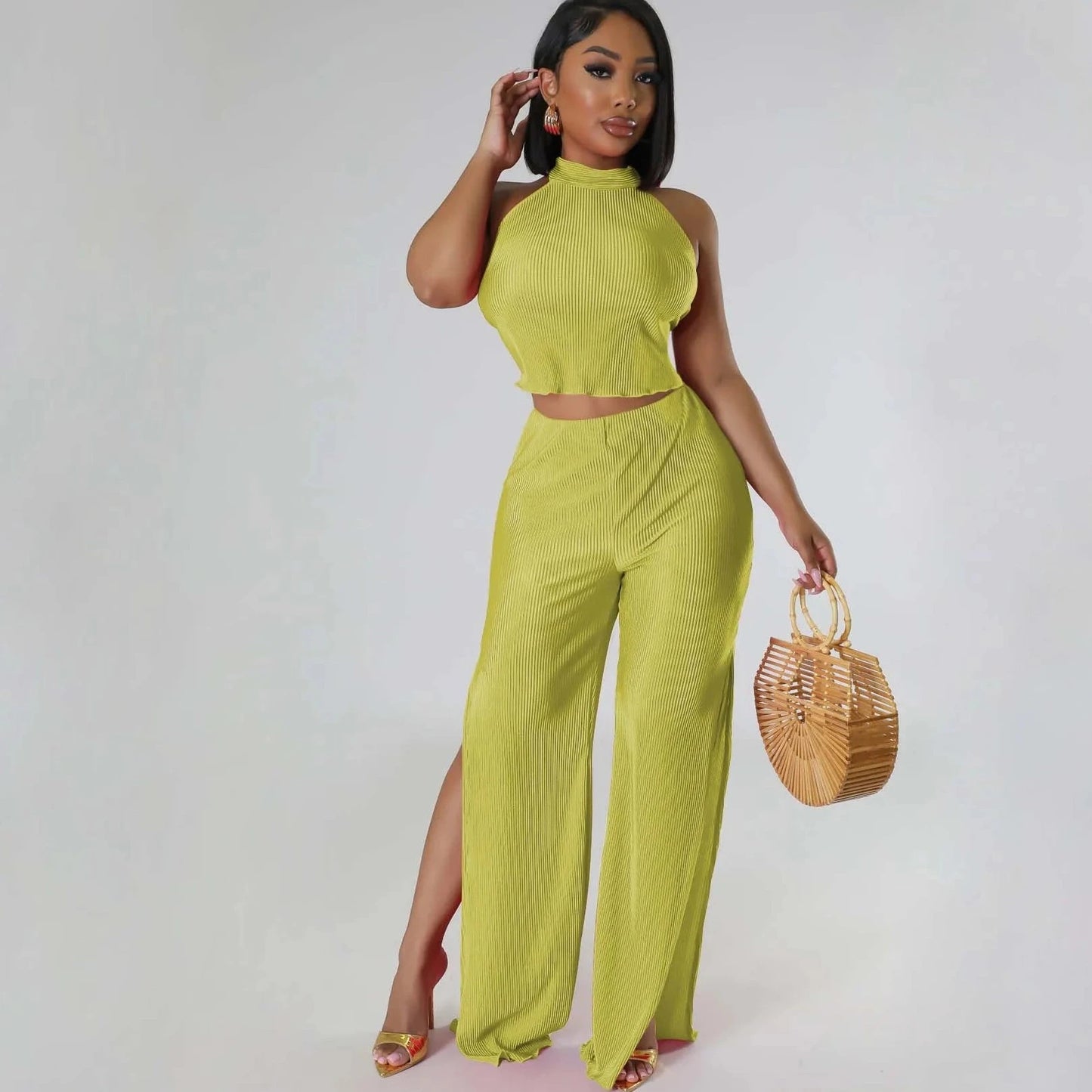 Backless Crop Top And Slit Cut Pants - Verostyle