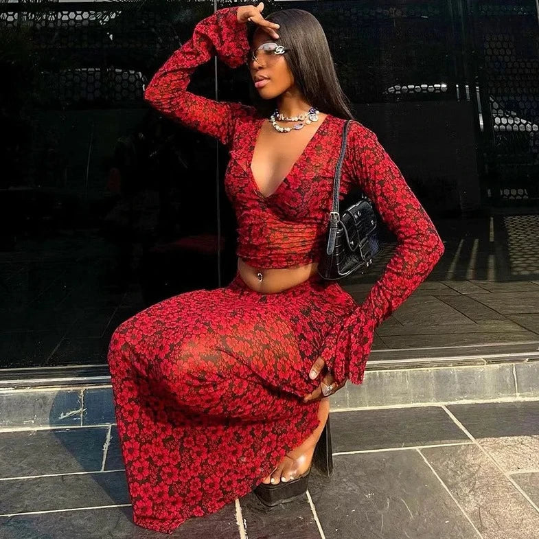 Long Sleeve Crop Top And Long Skirt - Verostyle