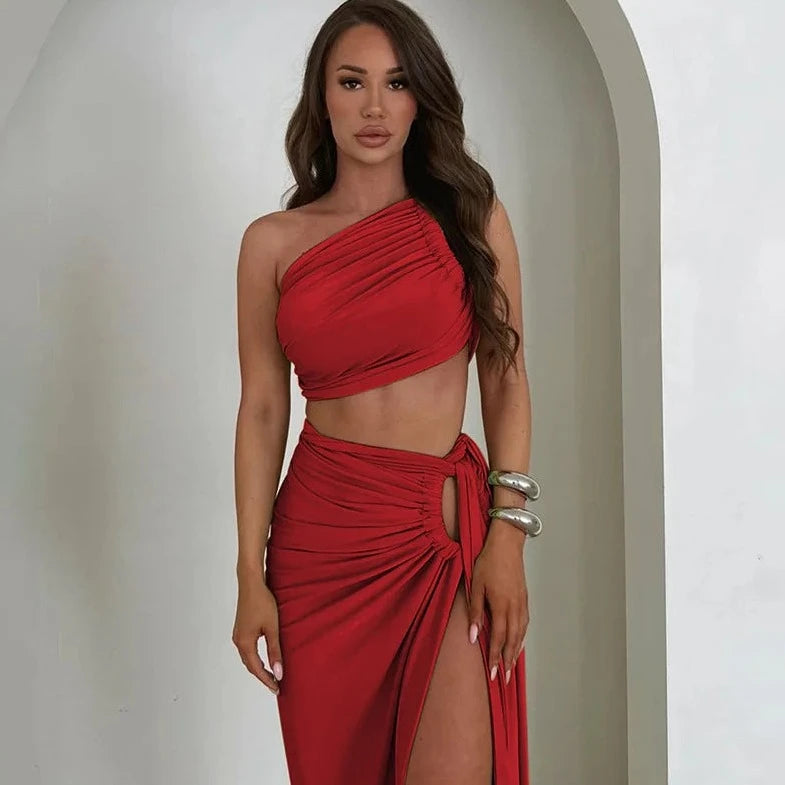One Shoulder Crop Top And Slit Skirt - Verostyle