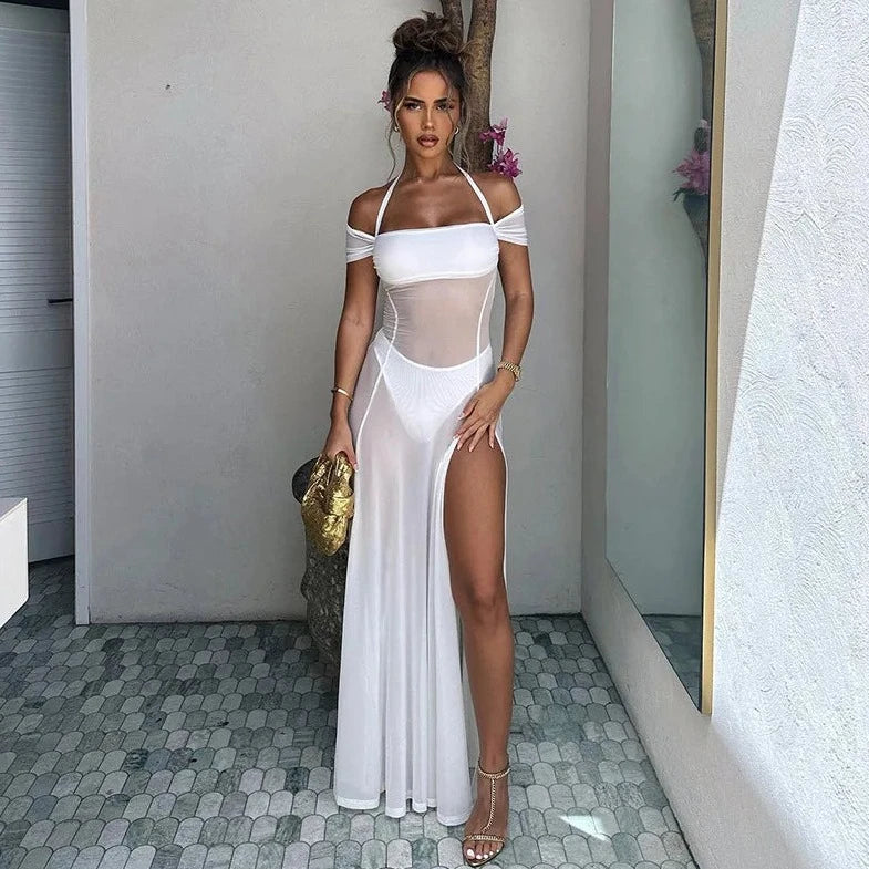 See- Through Halter Neck Slit Cut Beach Dress - Verostyle