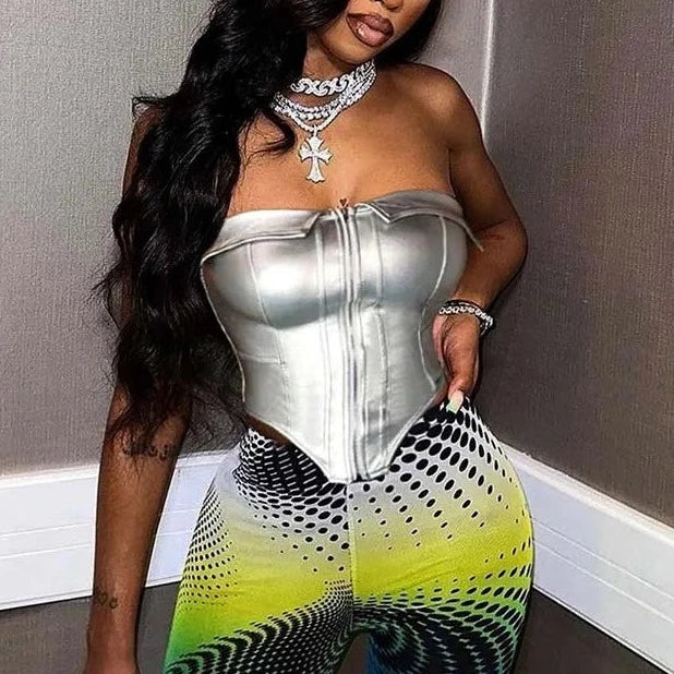 PU Leather Metallic Tube Corset Top - Verostyle