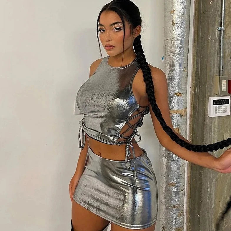 Metallic Side tie Up Top And Mini Skirt - Verostyle
