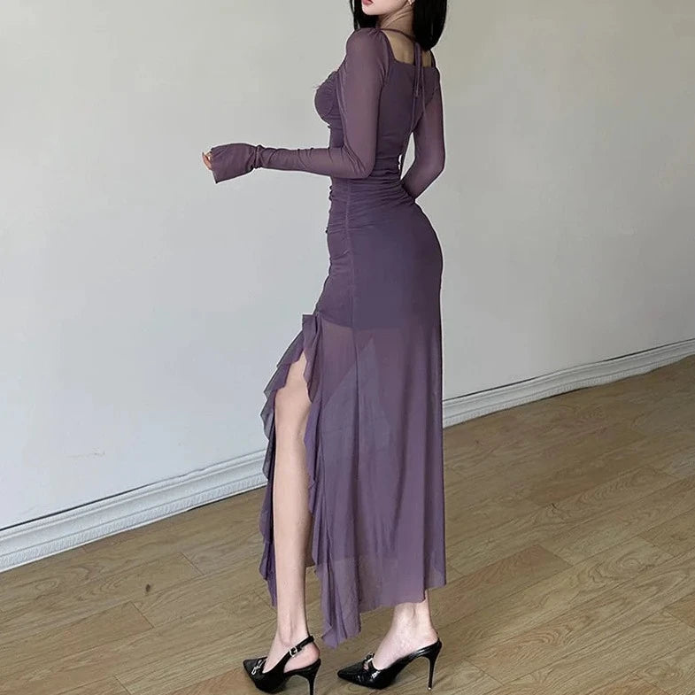 See- through Mesh Long Sleeve Dress - Verostyle
