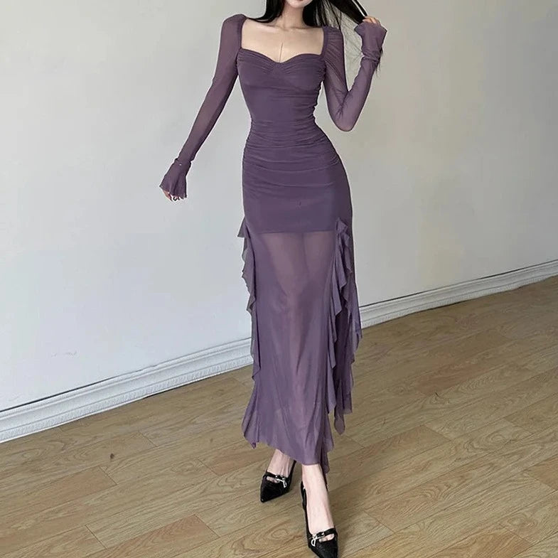 See- through Mesh Long Sleeve Dress - Verostyle