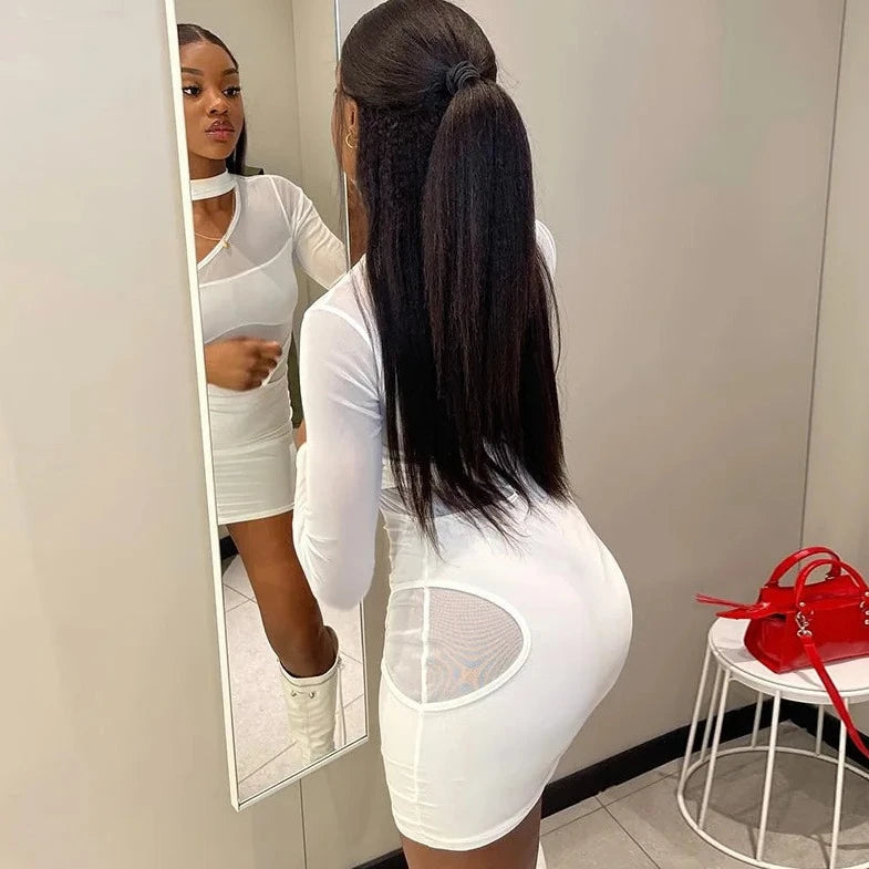 Hollow Out Long Sleeve Semi Sheer Mini Dress - Verostyle