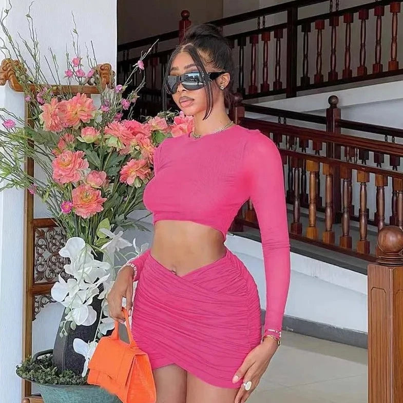 Long Sleeve Crop Top And Mini Skirt - Verostyle