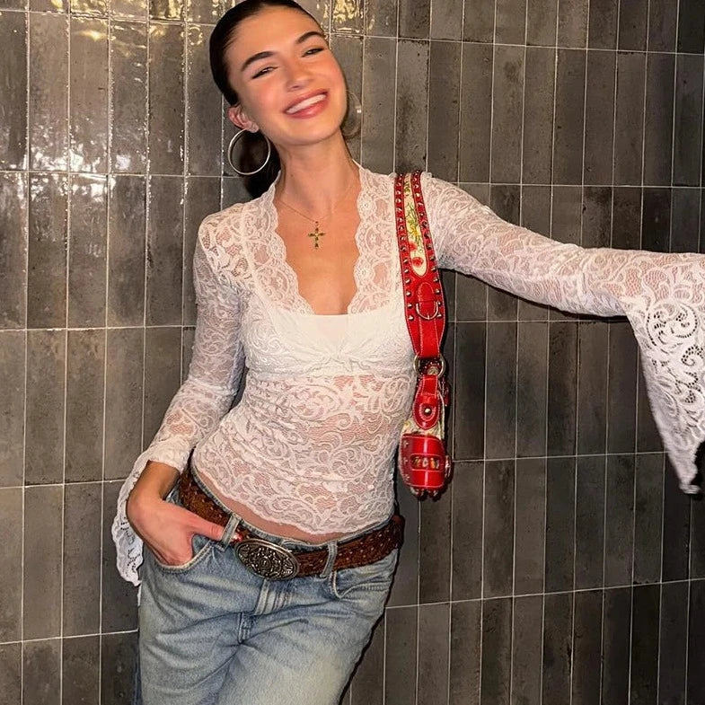 Lace See- Though Long Sleeve V- Neck Top - Verostyle