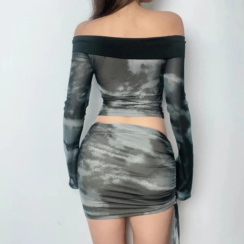 Off-Shoulder Mesh top And Mini Skirt - Verostyle
