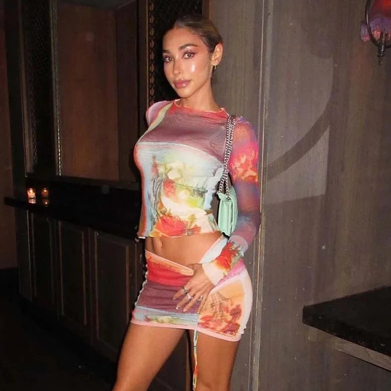 Printed Long Sleeve Crop Top And Skirt - Verostyle
