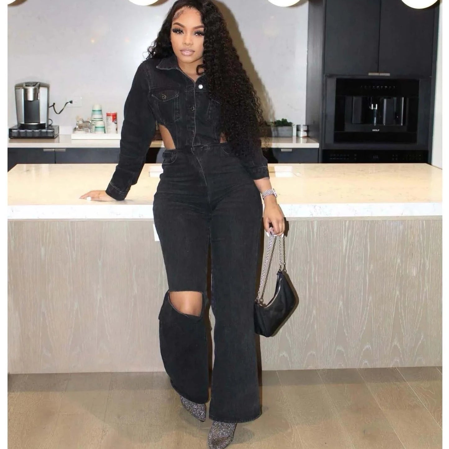 Hollow Out Denim Jeans Jumpsuit - Verostyle