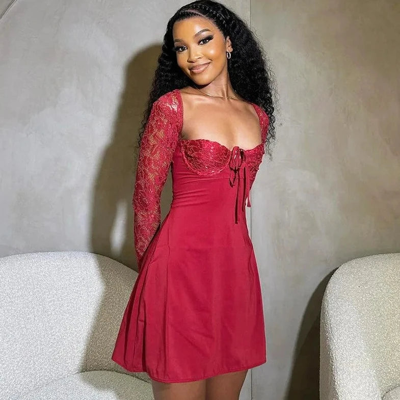 Red Lace Long Sleeve Short Dress