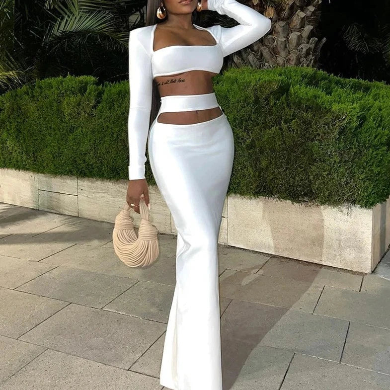 Long Sleeve Crop Top And Long Skirt - Verostyle