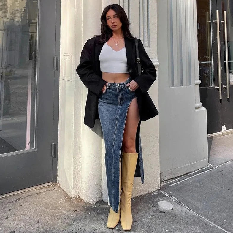 Casual Denim Slit Long Skirt - Verostyle