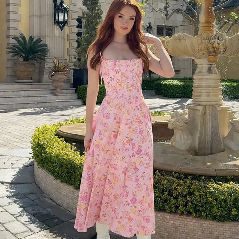 Floral Print Corset Slit A Line Dresses