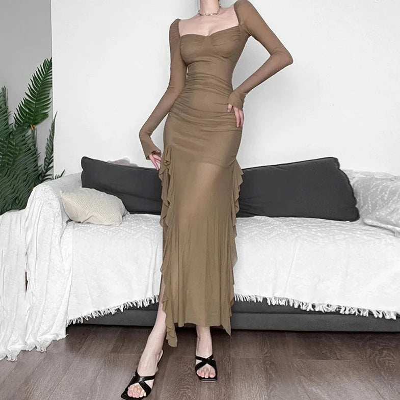 See- through Mesh Long Sleeve Dress - Verostyle