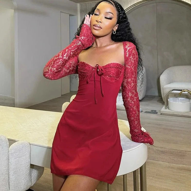 Red Lace Long Sleeve Short Dress