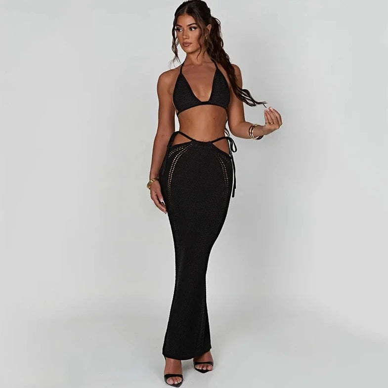 Summer Knit Tie Up Top And Long Skirt - Verostyle