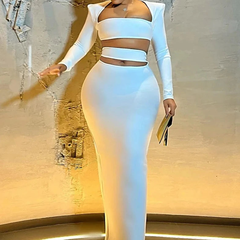 Long Sleeve Crop Top And Long Skirt - Verostyle
