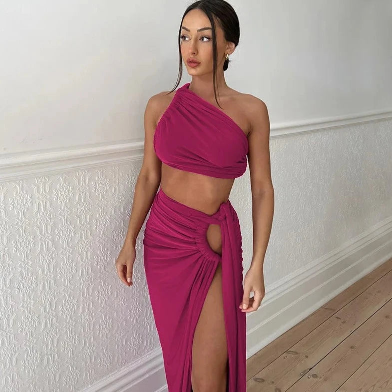 One Shoulder Crop Top And Slit Skirt - Verostyle