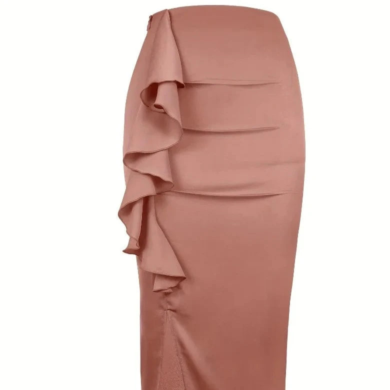 Solid Pink Slit Ruffle Slit Skirt - Verostyle