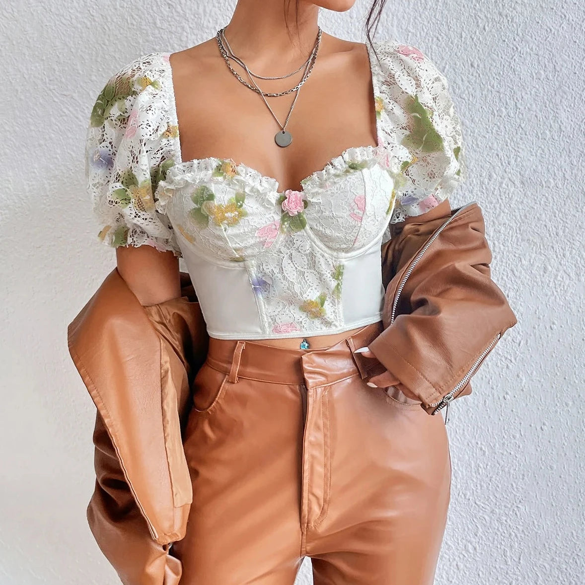 Lace Floral Embroidery Crop Top - Verostyle
