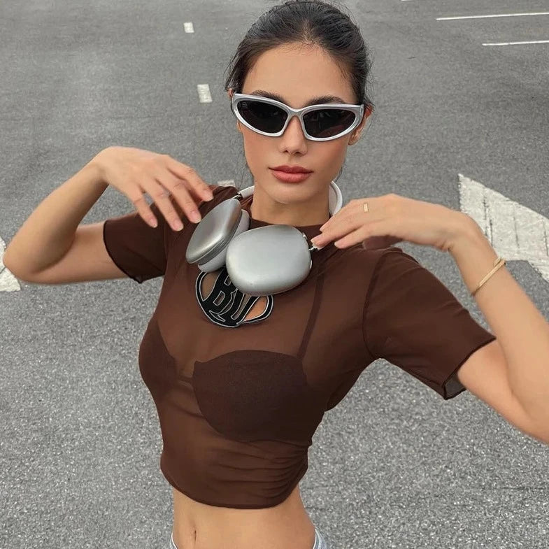Short Sleeve See- Through Crop Top - Verostyle