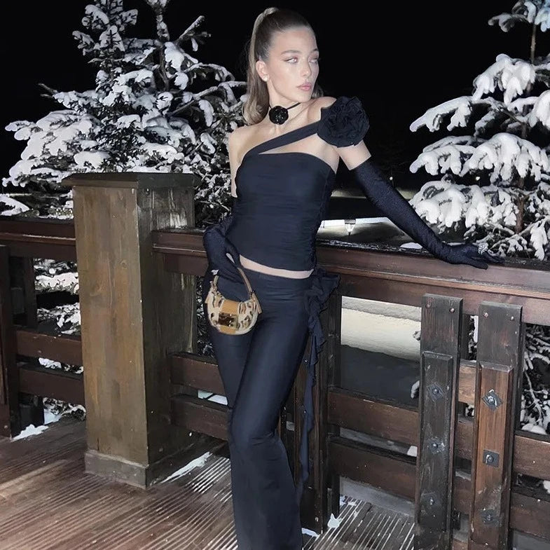 Black Tube Crop Top And Pants - Verostyle
