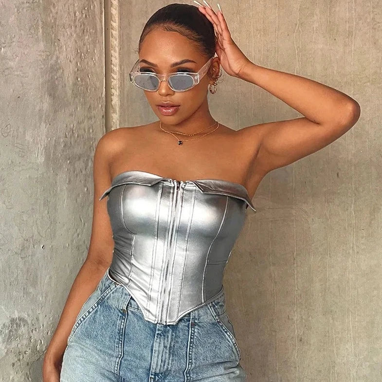 PU Leather Metallic Tube Corset Top - Verostyle