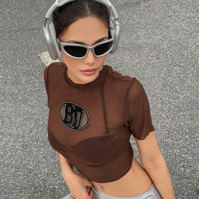 Short Sleeve See- Through Crop Top - Verostyle