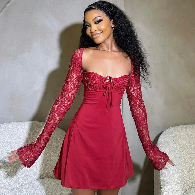 Red Lace Long Sleeve Short Dress