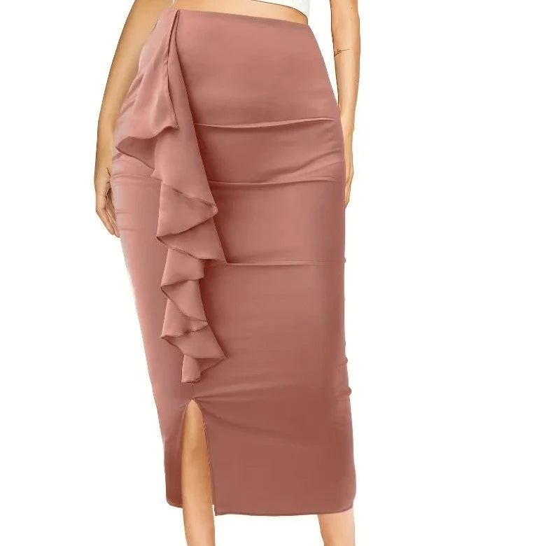 Solid Pink Slit Ruffle Slit Skirt - Verostyle