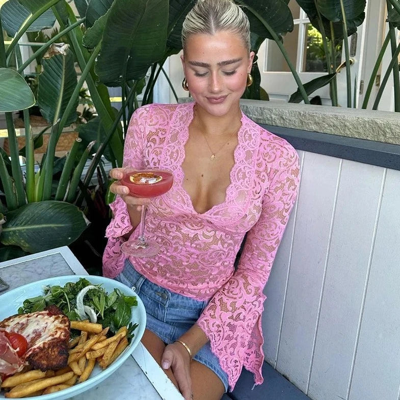 Lace See- Though Long Sleeve V- Neck Top - Verostyle