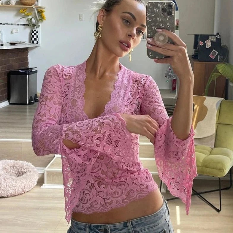 Lace See- Though Long Sleeve V- Neck Top - Verostyle