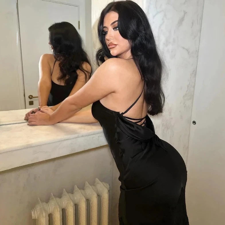 Lace Satin Spliced Sleeveless Split Backless Dress