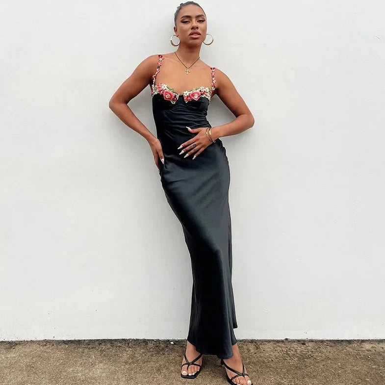 Floral Embroidery Satin Bodycon Long Dresses