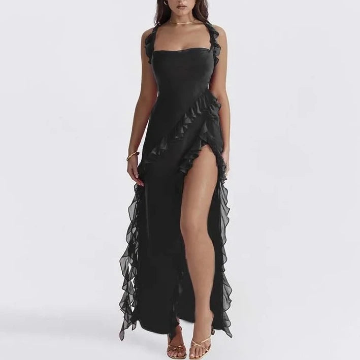 Casual Slit Cut Ruffle Maxi Dress - Verostyle