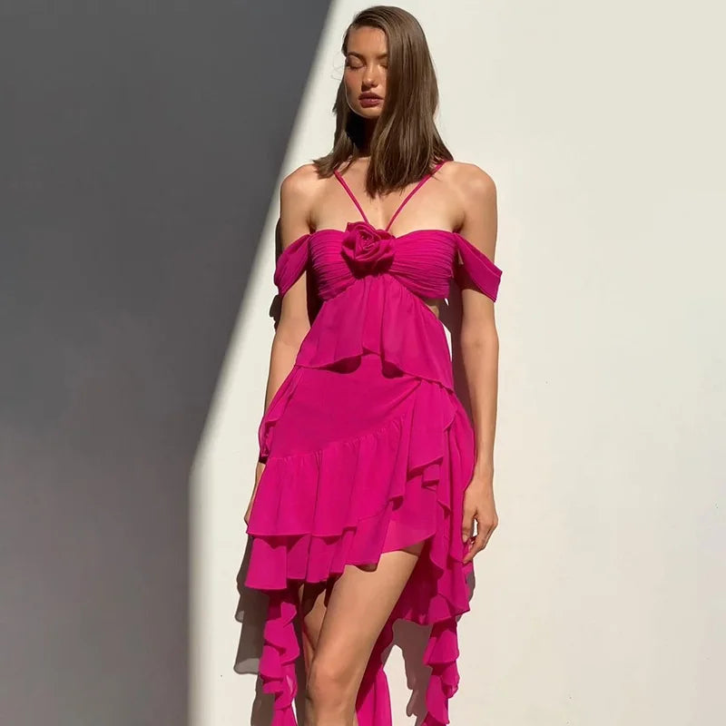 Pink Flowered Ruffle Tie up Dress - Verostyle