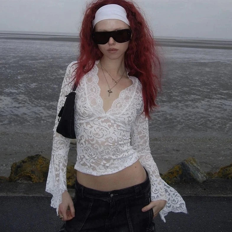 Lace See- Though Long Sleeve V- Neck Top - Verostyle