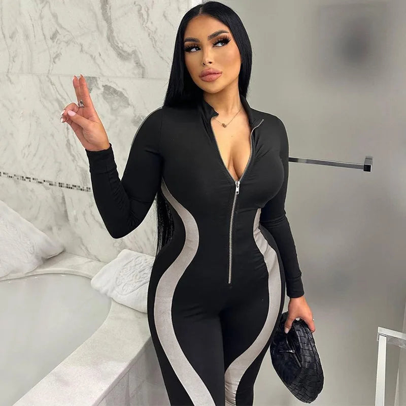 Printed Zipper Collar Bodysuit - Verostyle
