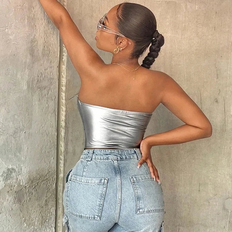 PU Leather Metallic Tube Corset Top - Verostyle