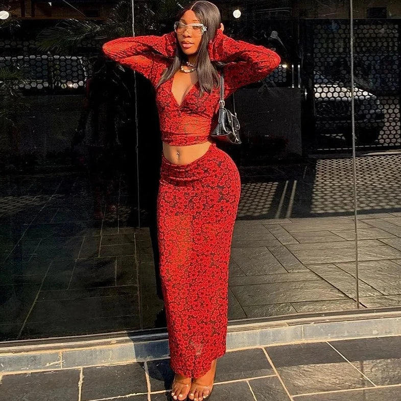 Long Sleeve Crop Top And Long Skirt - Verostyle