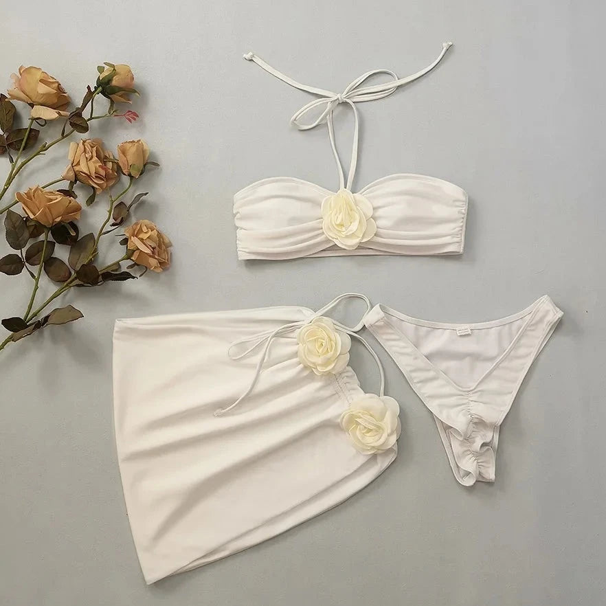 3 Piece Flowers Attached Beach Bikini Set - Verostyle