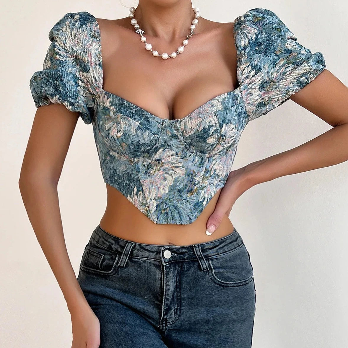 Puff Sleeve Fishbone Corset Top - Verostyle