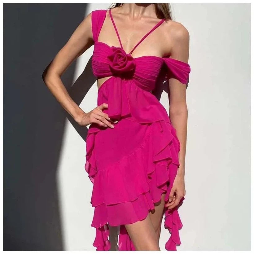 Pink Flowered Ruffle Tie up Dress - Verostyle