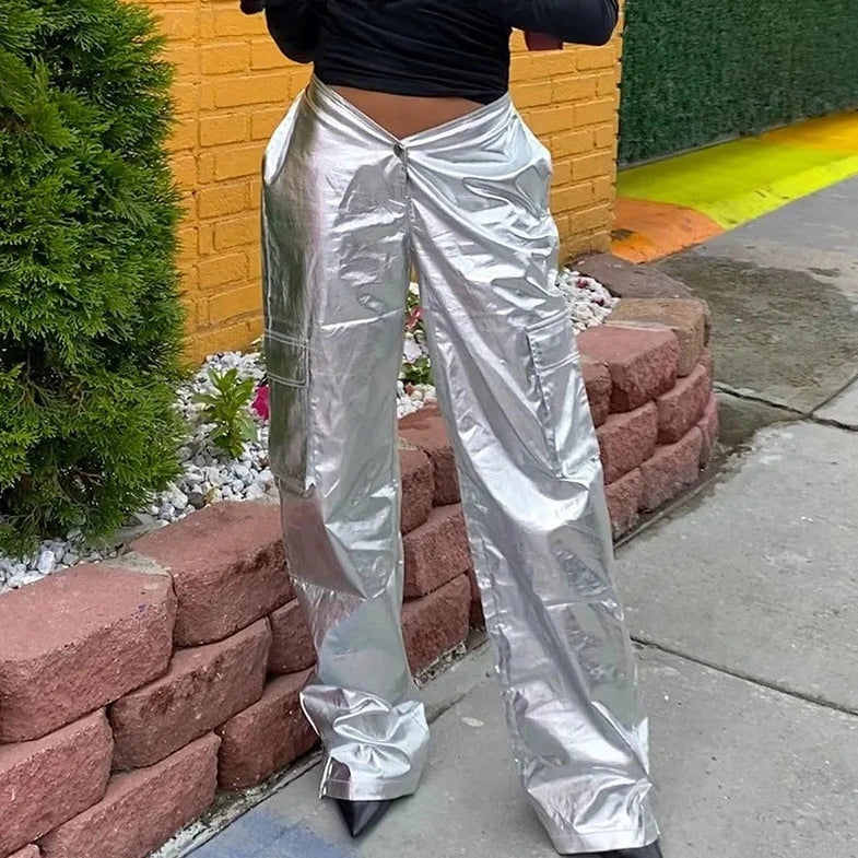 Metallic Loose PU Leather Pants - Verostyle